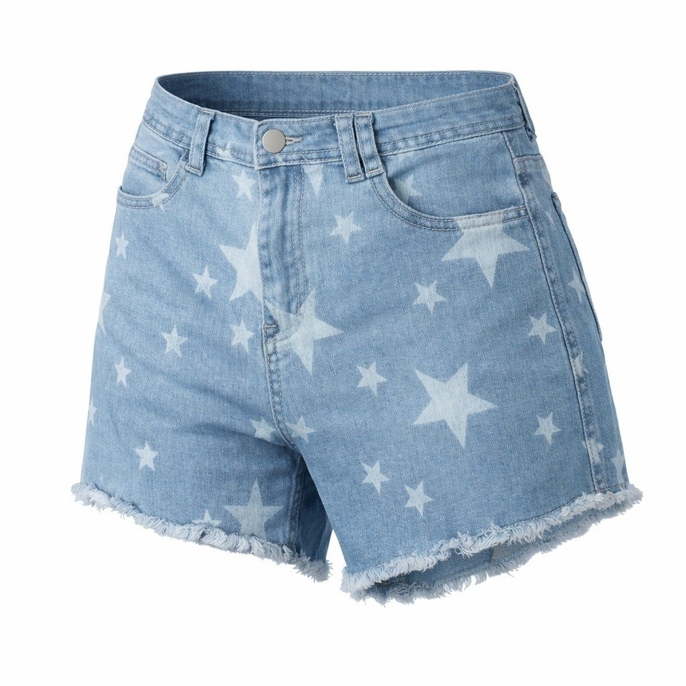 KIWI Star Print High Rise Denim Shorts Size M Raw Hem